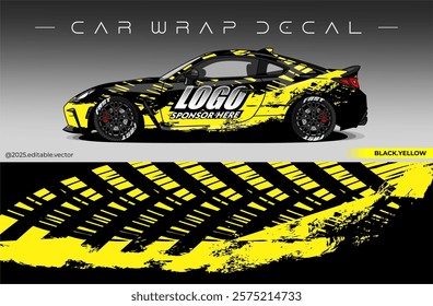 Car wrap design vector with black and yellow colour. Livery abstract decal template. Editable vector suitable for racing, rally or daily use