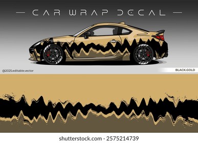 Car wrap design vector with black and gold colour. Livery abstract decal template. Editable vector suitable for racing, rally or daily use