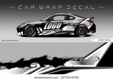 Car wrap design vector with black and white colour. Livery abstract decal template. Editable vector suitable for racing, rally or daily use