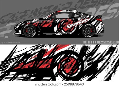 Car wrap design vector with black, white, red colour. Abstract decal livery. Sticker vinyl body car. Suitable for racing, drift, rally or daily use 