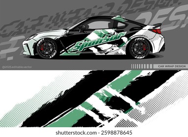 Car wrap design vector with black, green, white colour. Abstract decal livery. Sticker vinyl body car. Suitable for racing, drift, rally or daily use 