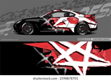 Car wrap design vector with black, white, red colour. Abstract star decal livery. Sticker vinyl body car. Suitable for racing, drift, rally or daily use 