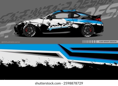 Car wrap design vector with black, white, blue colour. Abstract decal livery. Sticker vinyl body car. Suitable for racing, drift, rally or daily use 