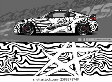 Car wrap design vector with black and white colour. Abstract decal livery. Sticker vinyl body car. Suitable for racing, drift, rally or daily use 