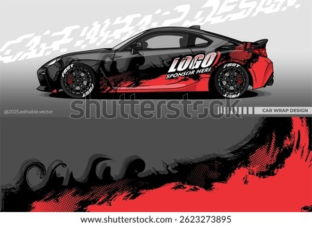 Car wrap design vector with black red colour. Abstract decal livery. Sticker vinyl body car. Suitable for racing, drift, rally or daily use	