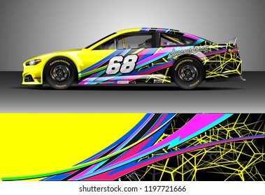 Car wrap design vector. Graphic abstract stripe racing background kit designs for wrap vehicle, race car, nascar car, rally, adventure and livery