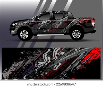 Konstruktionsvektor für Autoverpackungen. Grafikabstrakter, abstrakter Streifen-Hintergrund-Kit-Designs für Wrackwagen-Rallye-Abenteuer und Livery