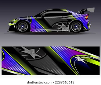 Konstruktionsvektor für Autoverpackungen. Grafikabstrakter, abstrakter Streifen-Hintergrund-Kit-Designs für Wrackwagen-Rallye-Abenteuer und Livery