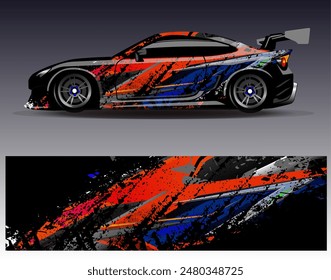 Vector de diseño de envoltura de coche. Diseño gráfico abstracto de fondo de carreras de rayas para vehículos, rallyes, carreras, aventuras y carreras de coches	