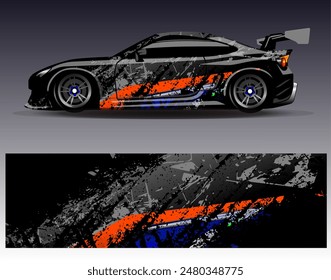 Vector de diseño de envoltura de coche. Diseño gráfico abstracto de fondo de carreras de rayas para vehículos, rallyes, carreras, aventuras y carreras de coches	