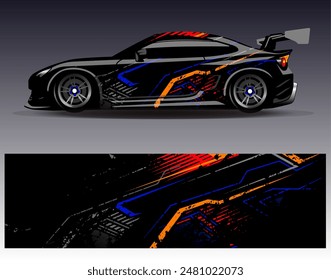 Vector de diseño de envoltura de coche. Diseño gráfico abstracto de fondo de carreras de rayas para vehículos, rallyes, carreras, aventuras y carreras de coches	