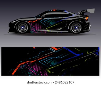 Autoverpackungs-Design-Vektorgrafik. Grafische abstrakte Streifen-Renn-Hintergrund-Designs für Fahrzeug, Rallye, Rennen, Abenteuer und Autorennen Lackierung	