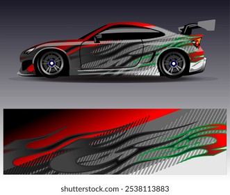 Design-Vektor für Autopackungen. Grafische abstrakte Streifen Rennen Hintergrund Designs für Fahrzeug, Rallye, Rennen, Abenteuer und Autorennen Livree