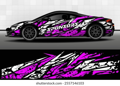 Car wrap design vector. Graphic abstract purple and white grunge stripes for car branding. Modern camouflage design for vinyl car wrap. Design of car stickers.