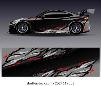 Design-Vektor für Autopackungen. Grafische abstrakte Streifen Rennen Hintergrund Designs für Fahrzeug, Rallye, Rennen, Abenteuer und Autorennen Livree