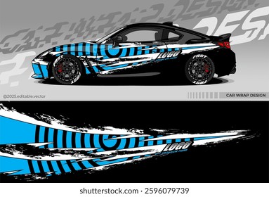 Car wrap design vector. Car livery abstract decal with black, white, blue colour. Sticker Vinyl template. Suitable for racing, rally, drfit, sport car, truck, or daily use car