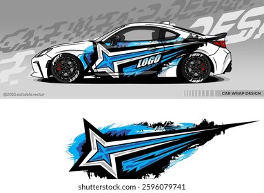 Car wrap design vector. Car livery abstract decal with black, white, blue colour. Sticker Vinyl template. Suitable for racing, rally, drfit, sport car, truck, or daily use car