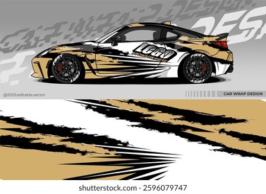 Car wrap design vector. Car livery abstract decal with black, white, gold colour. Sticker Vinyl template. Suitable for racing, rally, drfit, sport car, truck, or daily use car