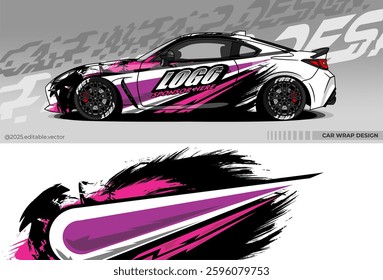 Car wrap design vector. Car livery abstract decal with white, black, purple, pink colour. Sticker Vinyl template. Suitable for racing, rally, drfit, sport car, truck, or daily use car