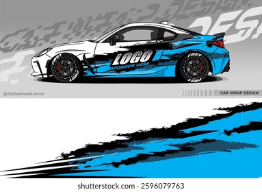 Car wrap design vector. Car livery abstract decal with black, white, blue colour. Sticker Vinyl template. Suitable for racing, rally, drfit, sport car, truck, or daily use car