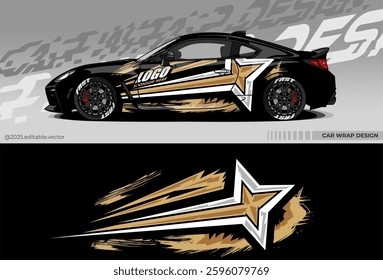 Car wrap design vector. Car livery abstract decal with black, white, gold colour. Sticker Vinyl template. Suitable for racing, rally, drfit, sport car, truck, or daily use car