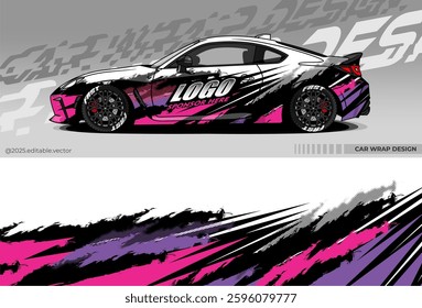 Car wrap design vector. Car livery abstract decal with white, black, purple, pink colour. Sticker Vinyl template. Suitable for racing, rally, drfit, sport car, truck, or daily use car