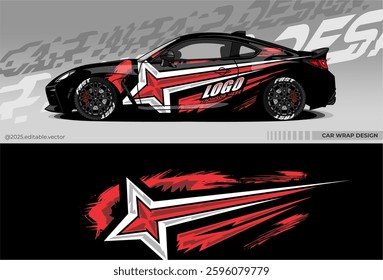 Car wrap design vector. Car livery abstract decal with black, white, red colour. Sticker Vinyl template. Suitable for racing, rally, drfit, sport car, truck, or daily use car