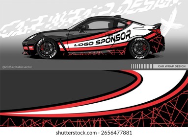 Car Wrap Design. Vector car livery sticker in black, red and white . Full-body car sticker suitable for racing, rallying, and everyday use.