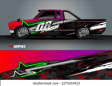 Car wrap design vector, truck and cargo van decal. Graphic abstract stripe racing background designs for vehicle, rally, race, adventure and car racing livery. Vector 