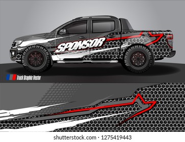 Car wrap design vector, truck and cargo van decal. Graphic abstract stripe racing background designs for vehicle, rally, race, adventure and car racing livery. Vector 