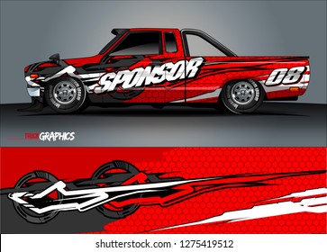 Car wrap design vector, truck and cargo van decal. Graphic abstract stripe racing background designs for vehicle, rally, race, adventure and car racing livery. Vector 