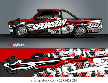 Car wrap design vector, truck and cargo van decal. Graphic abstract stripe racing background designs for vehicle, rally, race, adventure and car racing livery. Vector 