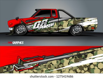 Car wrap design vector, truck and cargo van decal. Graphic abstract stripe racing background designs for vehicle, rally, race, adventure and car racing livery. Vector 