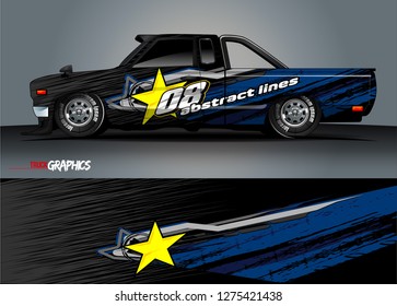 Car wrap design vector, truck and cargo van decal. Graphic abstract stripe racing background designs for vehicle, rally, race, adventure and car racing livery. Vector