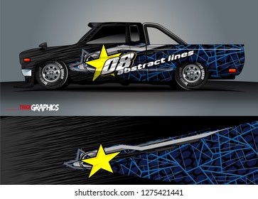 Car wrap design vector, truck and cargo van decal. Graphic abstract stripe racing background designs for vehicle, rally, race, adventure and car racing livery. Vector
