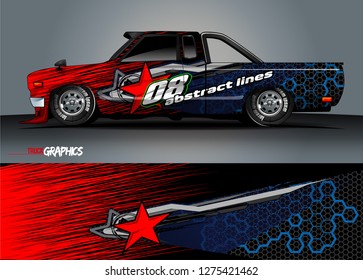 Car wrap design vector, truck and cargo van decal. Graphic abstract stripe racing background designs for vehicle, rally, race, adventure and car racing livery. Vector