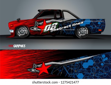 Car wrap design vector, truck and cargo van decal. Graphic abstract stripe racing background designs for vehicle, rally, race, adventure and car racing livery. Vector