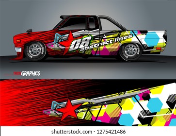 Car wrap design vector, truck and cargo van decal. Graphic abstract stripe racing background designs for vehicle, rally, race, adventure and car racing livery. Vector