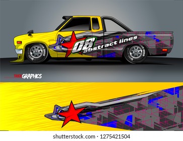 Car wrap design vector, truck and cargo van decal. Graphic abstract stripe racing background designs for vehicle, rally, race, adventure and car racing livery. Vector