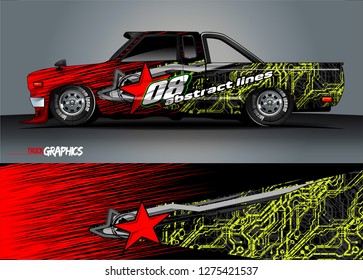 Car wrap design vector, truck and cargo van decal. Graphic abstract stripe racing background designs for vehicle, rally, race, adventure and car racing livery. Vector