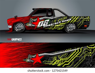 Car wrap design vector, truck and cargo van decal. Graphic abstract stripe racing background designs for vehicle, rally, race, adventure and car racing livery. Vector