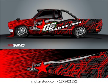 Car wrap design vector, truck and cargo van decal. Graphic abstract stripe racing background designs for vehicle, rally, race, adventure and car racing livery. Vector