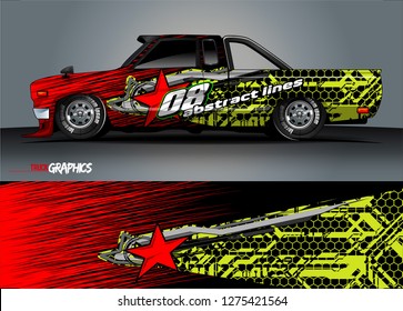 Car wrap design vector, truck and cargo van decal. Graphic abstract stripe racing background designs for vehicle, rally, race, adventure and car racing livery. Vector