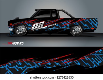 Car wrap design vector, truck and cargo van decal. Graphic abstract stripe racing background designs for vehicle, rally, race, adventure and car racing livery. Vector
