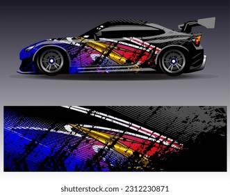 Diseño de envoltura de coches vectorial.Diseño gráfico abstracto de bandas de carreras de fondo para vehículos, carreras, carreras, aventuras y carreras de coches