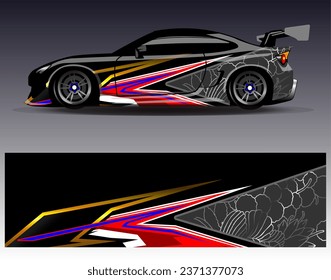 Diseño de envoltura de coches vectorial.Diseño gráfico abstracto de bandas de carreras de fondo para vehículos, carreras, carreras, aventuras y carreras de coches
