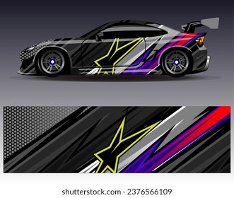 Diseño de envoltura de coches vectorial.Diseño gráfico abstracto de bandas de carreras de fondo para vehículos, carreras, carreras, aventuras y carreras de coches
