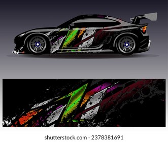 Diseño de envoltura de coches vectorial.Diseño gráfico abstracto de bandas de carreras de fondo para vehículos, carreras, carreras, aventuras y carreras de coches