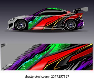 Diseño de envoltura de coches vectorial.Diseño gráfico abstracto de bandas de carreras de fondo para vehículos, carreras, carreras, aventuras y carreras de coches