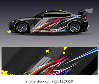 Diseño de envoltura de coches vectorial.Diseño gráfico abstracto de bandas de carreras de fondo para vehículos, carreras, carreras, aventuras y carreras de coches